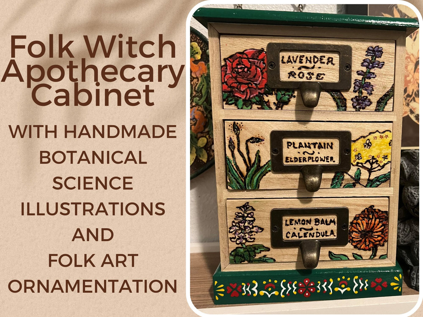 Apothecary Cabinet with Handmade Botanical Illustrations and Folk Art