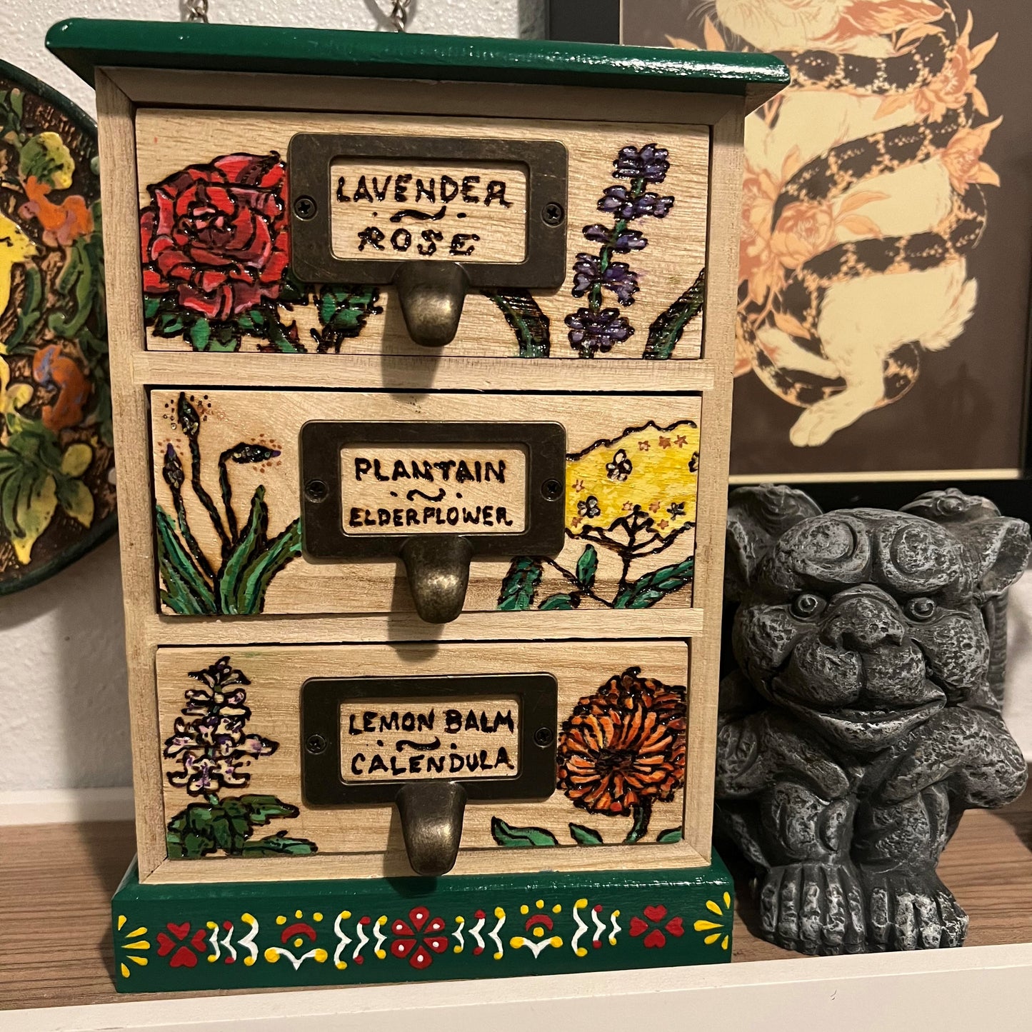 Apothecary Cabinet with Handmade Botanical Illustrations and Folk Art